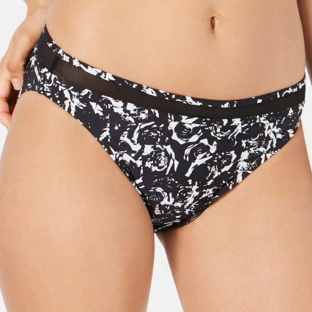 DKNY Women's Black/White Floral Moderate Coverage Mesh-Trim Bikini Bottoms sz S
